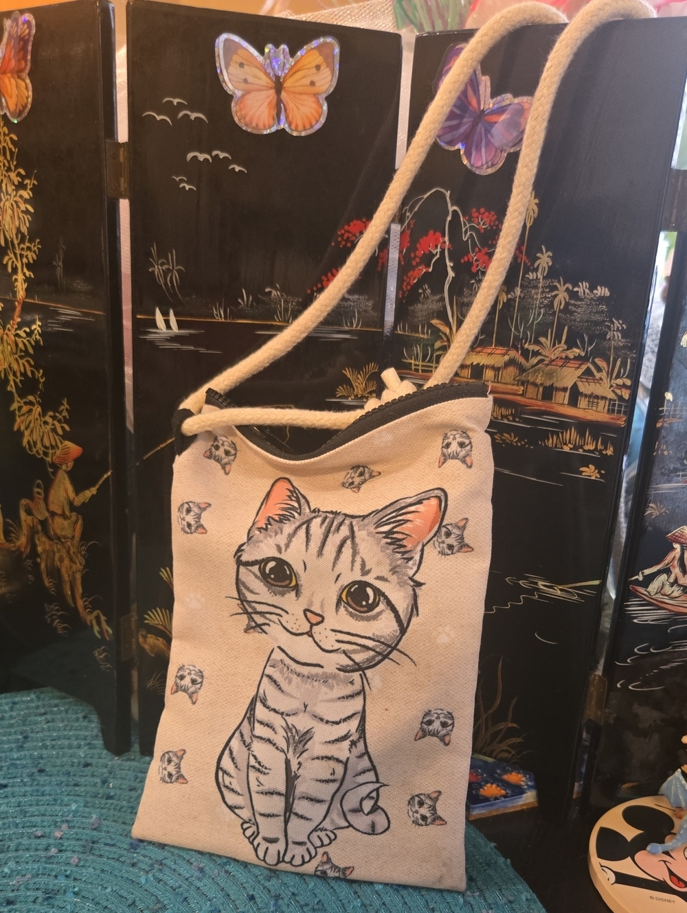 Canvas Cat Crossbody Bag in Beige - Cute Kitten Design